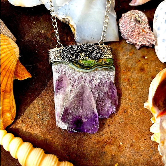 Artisan Sterling Silver Purple Raw Amethyst Gemstone Necklace - Picture 1 of 9